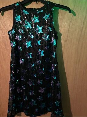 Us Angels Black Sequin Star Dress with Teal & Purple Stars